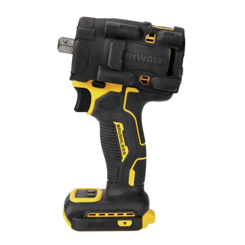 Premium 20 Volt Cordless Impact Wrench equipped with 1/2 inch detent pin anvil for mechanics, showcasing rugged black and yellow design.