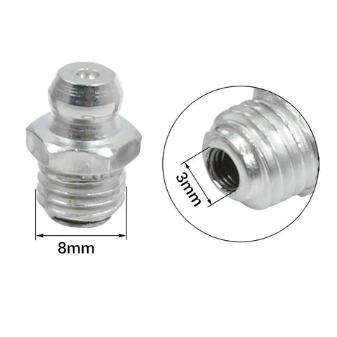 Close-up of M8 Zinc Plated Grease Nipples Kit showing 8mm and 3mm dimensions with straight nipple for car use.
