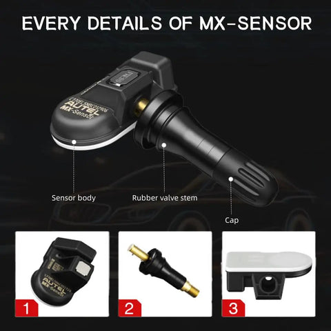 2in1 MX Sensor Dual Frequency Tire Pressure Sensor 315MHz 433MHz For TPMS Replacement With Original ID Cloning Easy Direct Swap No Relearn Snap In Works With MaxiTPMS Tools, black rubber valve stem