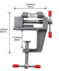 Grab N Go Portable Table Vise Clamp with dimensions, lightweight aluminum, ideal for DIY repairs and hobby crafting.