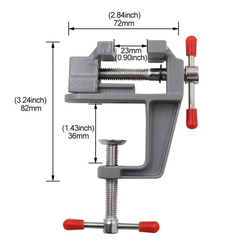 Grab N Go Portable Table Vise Clamp with dimensions, lightweight aluminum, ideal for DIY repairs and hobby crafting.