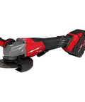 Pro Level Cordless Brushless Angle Grinder With Quick Stop Brake And Reliable Paddle Switch Packs 9000 Rpm viewed from the side.