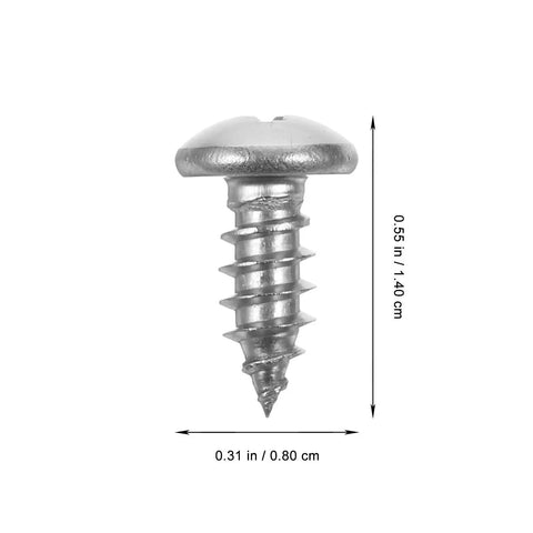 Pan Head Wood Screws Stainless Steel Self-Tapping 100-Piece Set, corrosion-resistant, close-up of a single screw with dimensions