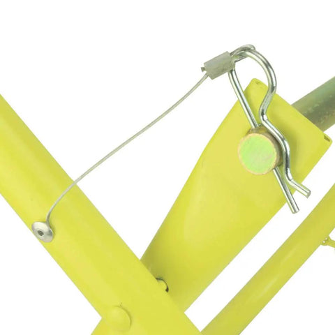 Close-up of bright yellow Heavy Duty Cable Caddy and Holder with 25mm tubing, tangle-free, foldable for easy storage in garage and shop.