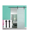 Premium Heavy Duty Sliding Barn Door Hardware Kit Matte Black Adjustable Track System For Single Door installed in a bedroom.