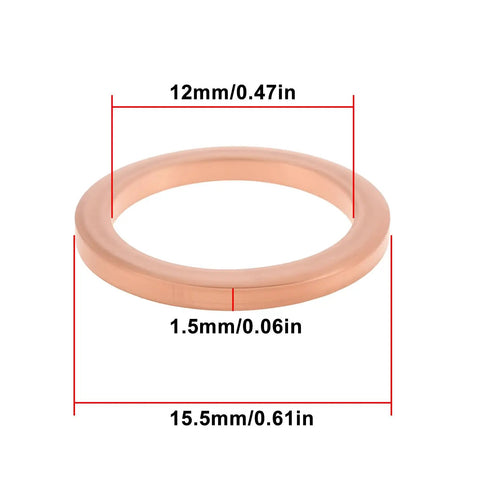 10-Piece Copper Oil Drain Washer Set 12x15.5x1.5mm For Leak-Free Seals N0138128 N0138122 dimensions shown