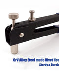 Close-up of 86 Piece Rivet Nut Tool Kit Hand Riveter Set With M3 M4 M5 M6 M8 Threaded Rivet Nuts And Mandrel Heavy Duty Drop Forged Steel Body Anti Slip Handle Pro Grade For Cars Machinery Trailers Furniture And Boats showing CrV alloy steel rivet head.