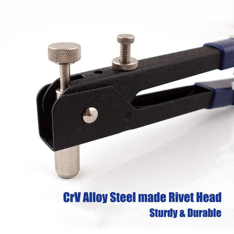 Close-up of 86 Piece Rivet Nut Tool Kit Hand Riveter Set With M3 M4 M5 M6 M8 Threaded Rivet Nuts And Mandrel Heavy Duty Drop Forged Steel Body Anti Slip Handle Pro Grade For Cars Machinery Trailers Furniture And Boats showing CrV alloy steel rivet head.