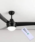 52 Inch Black Ceiling Fan With Remote Control And Light Kit For Bedroom Living Room Kitchen Whisper Quiet 3 Speed Reversible Motor ETL Listed E26 Base Frosted Glass Shade, ceiling view with remote.