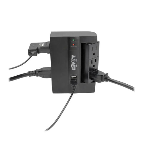 Six Outlet Surge Protector Power Strip With Three Rotatable Outlets Wall Tap Direct Plug In 1200 Joules Two USB Charging Ports Black