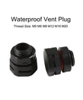 Tough As Nails Heavy Duty Waterproof Nylon Vent Plugs For Machinery And Pipeline Sealing Breathable IP68 Pressure Relief Valve Slick 10 Piece Pack Black M12x15 two waterproof vent plugs showing thread sizes M5 M6 M8 M12 M16 M20