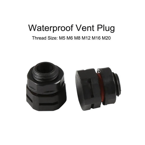 Tough As Nails Heavy Duty Waterproof Nylon Vent Plugs For Machinery And Pipeline Sealing Breathable IP68 Pressure Relief Valve Slick 10 Piece Pack Black M12x15 two waterproof vent plugs showing thread sizes M5 M6 M8 M12 M16 M20