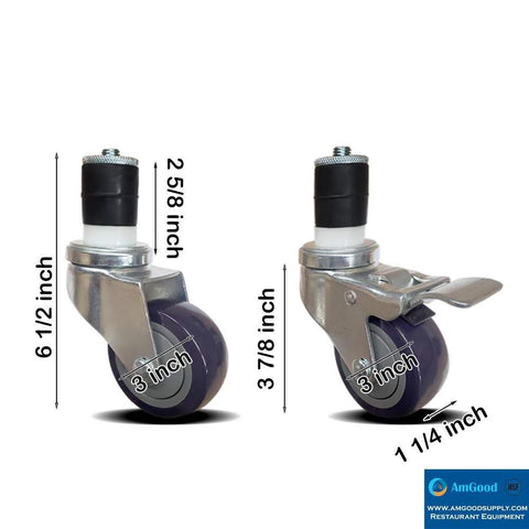 AmGood set of 4 3-inch casters for stainless steel work tables; left non-brake swivel, right brake caster.