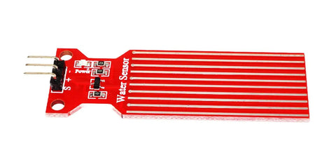 Red water sensor detector for Arduino, ESP32, ESP8266, Raspberry Pi, 3.3V to 5V, low power under 20mA, front view, with pins visible.