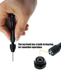 Pin Vise Hand Drill Set with 25 Micro Twist Drill Bits held in hand, showing top knob with bearing, for PCB, metal, wood drilling.