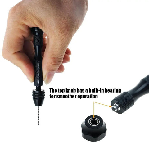 Pin Vise Hand Drill Set with 25 Micro Twist Drill Bits held in hand, showing top knob with bearing, for PCB, metal, wood drilling.