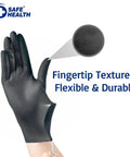 Heavy Duty Black Nitrile Disposable Gloves Tough As Nails For The Daily Grind And Auto Repair Seamless Grip Fit shown in a close-up of textured fingertip.