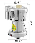 Uszwby Commercial Juice Extractor 370W Heavy Duty Cold Press Citrus Juicer showing stainless steel body with dimensions.