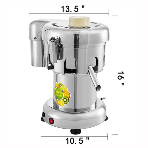 Uszwby Commercial Juice Extractor 370W Heavy Duty Cold Press Citrus Juicer showing stainless steel body with dimensions.
