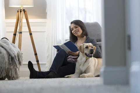 Woman reading on the floor with her dog, showcasing clean carpet maintained with 22oz Spot Remover With Sprayer Handle White No Oxy Stain Remover.