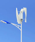 Vertical Axis Wind Turbine Kit With Controller And IP67 Protection, Ultra Quiet Off Grid Power For Home RV Business And Industrial Use, 100W 24V White 4 Blades installed on pole.