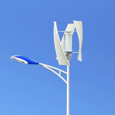Vertical Axis Wind Turbine Kit With Controller And IP67 Protection, Ultra Quiet Off Grid Power For Home RV Business And Industrial Use, 100W 24V White 4 Blades installed on pole.