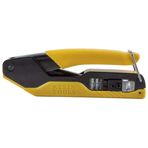 Pro Grade Data Cable Crimper black and yellow tool from Pass Through CAT6 Modular Plug Kit, side view