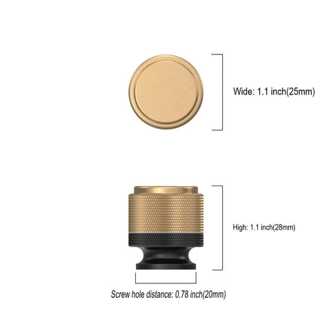 6 Pack Matte Black and Champagne Bronze Knurled Cabinet Knob dimensions shown with width 1.1 inch and height 1.1 inch