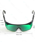 Top Shelf Laser Safety Glasses Hella Secure Against Uv Blue Red And Infrared Beams Od4 Plus Lens with measurements and green tint.