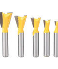 Pro Grind Five Piece Dovetail Router Bit Set with yellow-tipped cutters for woodworking, ranging from 6.35 to 18mm.