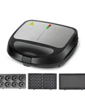 3 In 1 Electric Sandwich Maker With 3 Removable Non Stick Plates, showing black design and trays for waffles, donuts, and grilling.