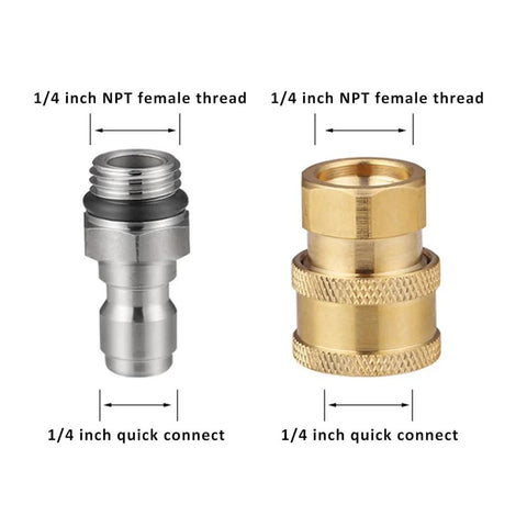 RecDec 2-pack pressure washer adapters: silver 1/4in NPT female and brass 1/4in quick-connect fittings