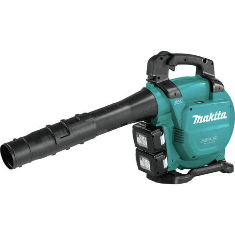 Game Changing Cordless Leaf Blower Kit Equipped With A Brushless Motor Pumping 473 CFM And 120 MPH Air with teal body and two batteries.