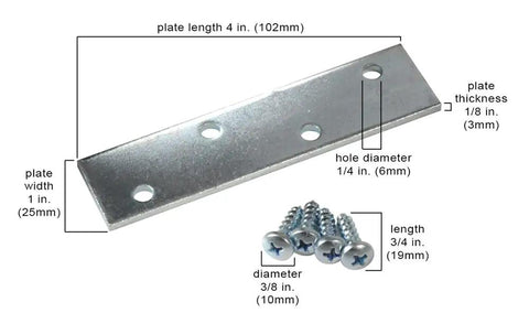 Tough Zinc Plated Steel Mending Plates Four Inch By One Inch Heavy Duty Wood Repair Brackets with screws for furniture fixes.