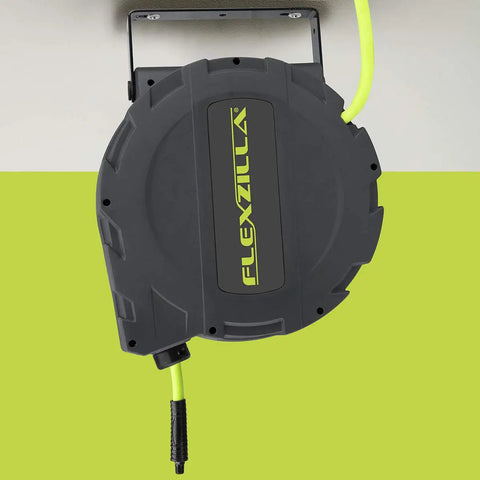Retractable Enclosed Plastic Air Hose Reel 3/8 Inch By 30 Foot Heavy Duty Lightweight Hybrid ZillaGreen With Auto Lock