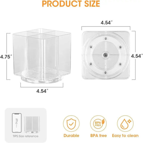No Sweat Spin Lazy Susan Drink Packet Organizer Square Four Compartment Pantry Turntable for drinks, sugar, and tea bags, size 4.75 x 4.54 inches.