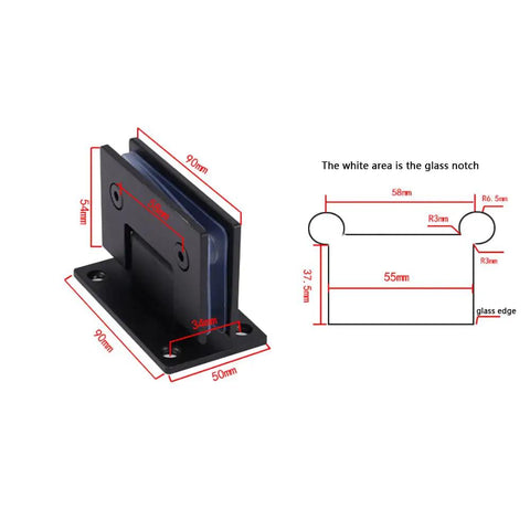 Heavy Duty Frameless Shower Door Hinges 90 Degree Pivot With Slick Matte Black Finish and detailed dimensions for installation.