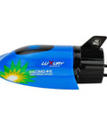 Blue Mini RC Submarine Boat Remote Control Waterproof Diving Toy for Pool and Bath, side view showing propeller and fin.