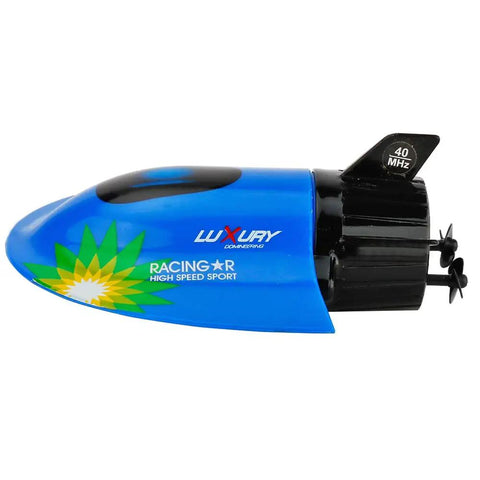 Blue Mini RC Submarine Boat Remote Control Waterproof Diving Toy for Pool and Bath, side view showing propeller and fin.