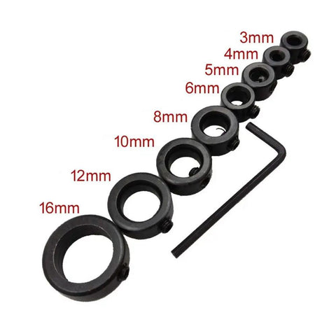 Real Deal Adjustable Depth Stop Collar Kit For Countersink Drill Bits Heavy Duty Woodworking showing adjustable sizes 3mm to 16mm collars.