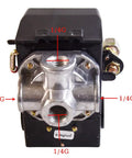 Heavy Duty Air Compressor Pressure Switch 95-125 PSI With Unloader, 4 Port 1 Quarter Inch Female, front view showing ports and construction.