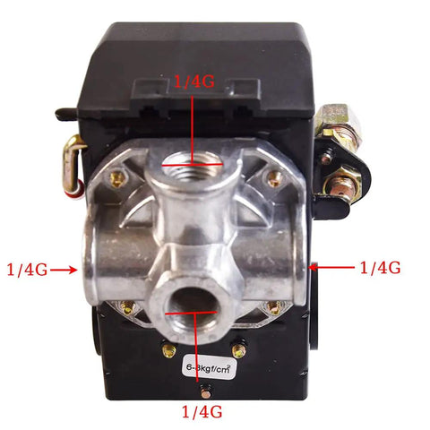 Heavy Duty Air Compressor Pressure Switch 95-125 PSI With Unloader, 4 Port 1 Quarter Inch Female, front view showing ports and construction.
