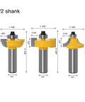 Awesome 3PC Router Bit Set For Beading And Round Over Profiles With Tv Cutter, Precision Ground Steel Blades shown with dimensions.