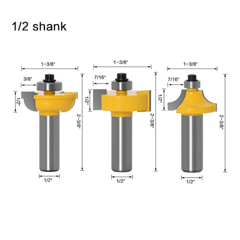 Awesome 3PC Router Bit Set For Beading And Round Over Profiles With Tv Cutter, Precision Ground Steel Blades shown with dimensions.