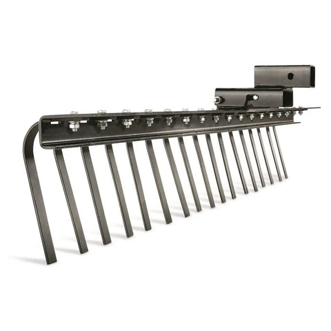 Landscape Rake Attachment For ATV Or UTV, 60 Inch Wide With 17 Tines, heavy-duty steel construction, side view.