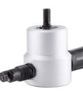 Heavy Duty Double Head Sheet Metal Cutter Electric Drill Nibbler Attachment With 360 Degree Adjustable Head close-up view showing the drill bit and attachment detail.