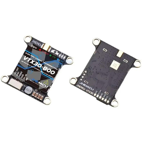 40CH FPV Video Transmitter VTX30-800 with PitMode, adjustable power 25mW to 800mW, 30x30mm mount, front and back view