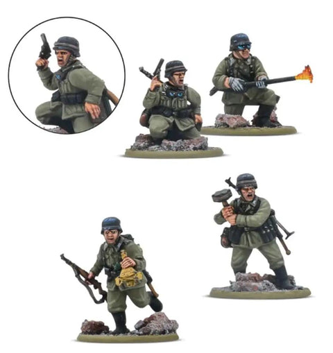 28mm German Army Veterans Infantry Platoon Plastic Miniatures with Flamethrower, Panzerbüchse 39, and MG34 for Bolt Action War Game