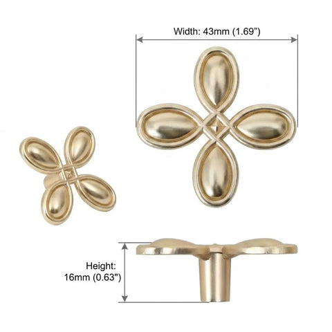 12 Pack Gold Dresser Knob Set With Screws, Solid Zinc Alloy, Brushed Brass Finish, Four Leaf Clover Style, dimensions shown