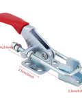 Four Piece Heavy Duty Toggle Clamps Set With Quick Acting Release Latch And No Fuss Adjustable Base Designed For Toolboxes And Woodworking Jigs Built Like A Brick For Reliable Daily Garage Tasks - close-up of toggle clamp with red handle.